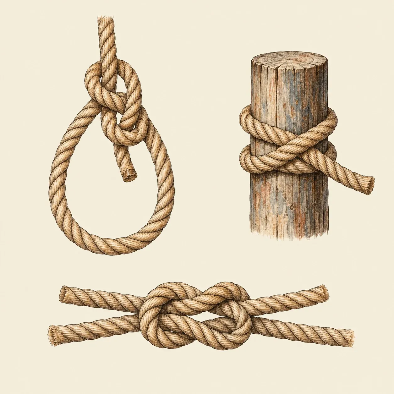 Drei Knoten in dreischäftigem Seil: ein Palstek, ein Webeleinstek um einen Pfosten und ein Kreuzknoten