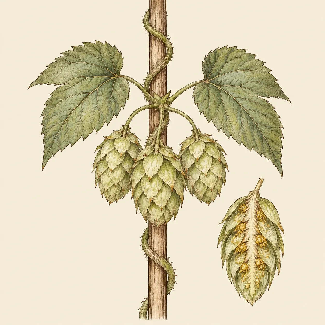 A hop bine twining up a pole, with three green cones and one cone cut open to show the yellow lupulin