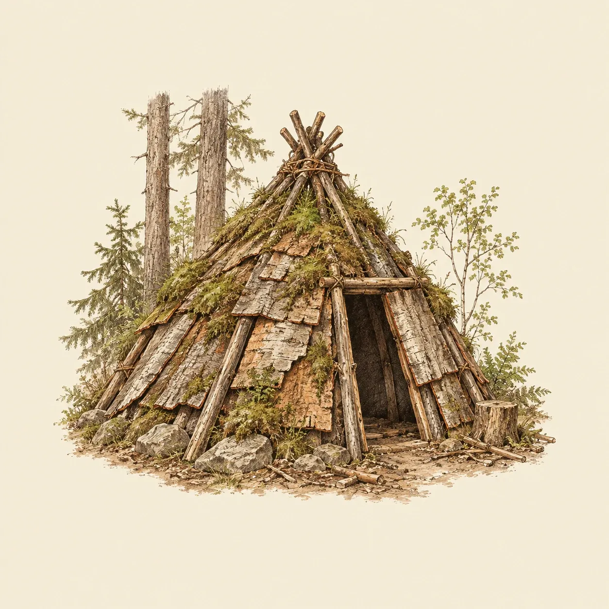 Eine kegelförmige Hütte aus schräg gestellten Stangen, mit Rinde und Rasensoden gedeckt, mit niedrigem Eingang, am Waldrand