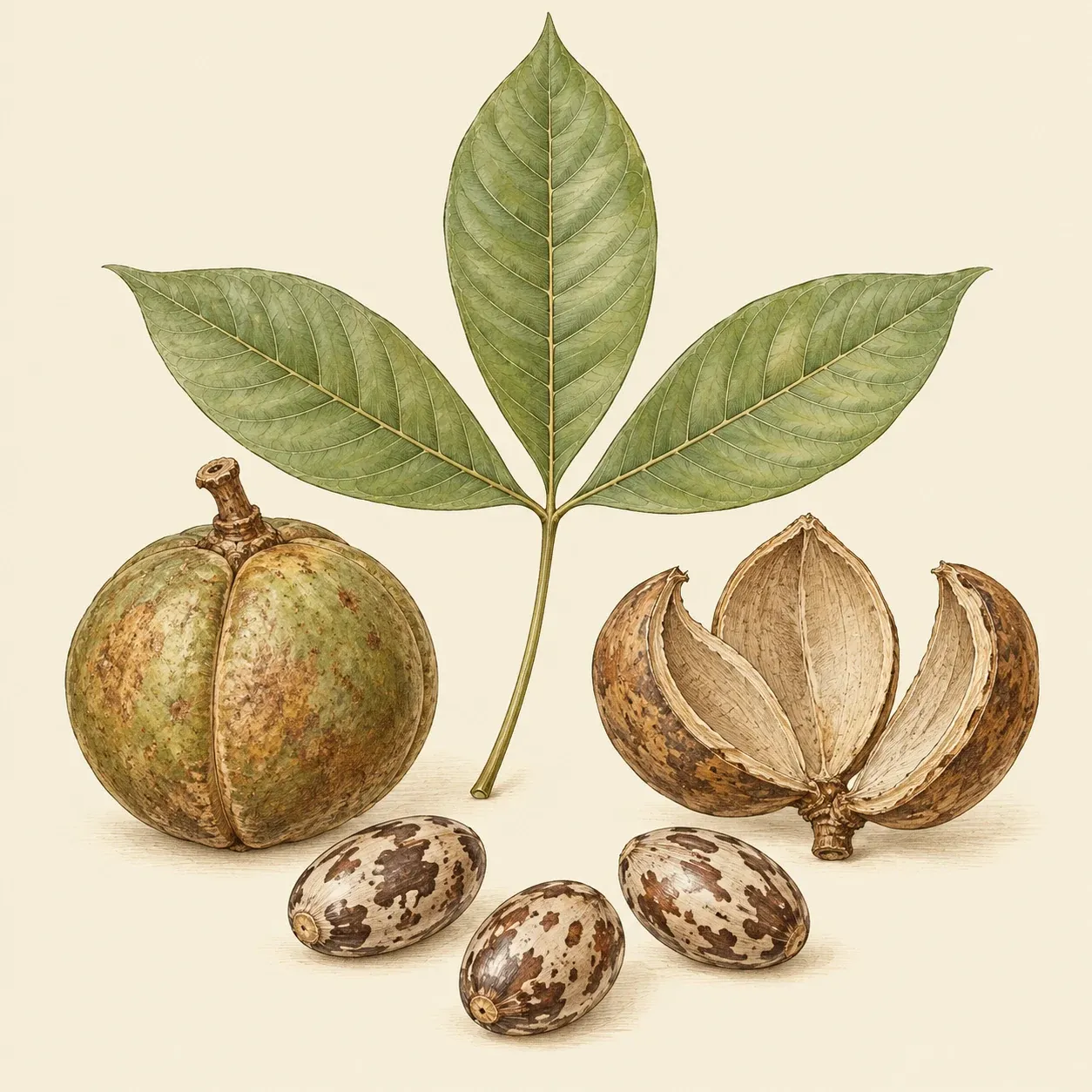 Eine dreilappige Frucht des Kautschukbaums, eine leere, aufgesprungene Kapsel, drei gesprenkelte Samen und ein Blatt mit drei Teilblättern