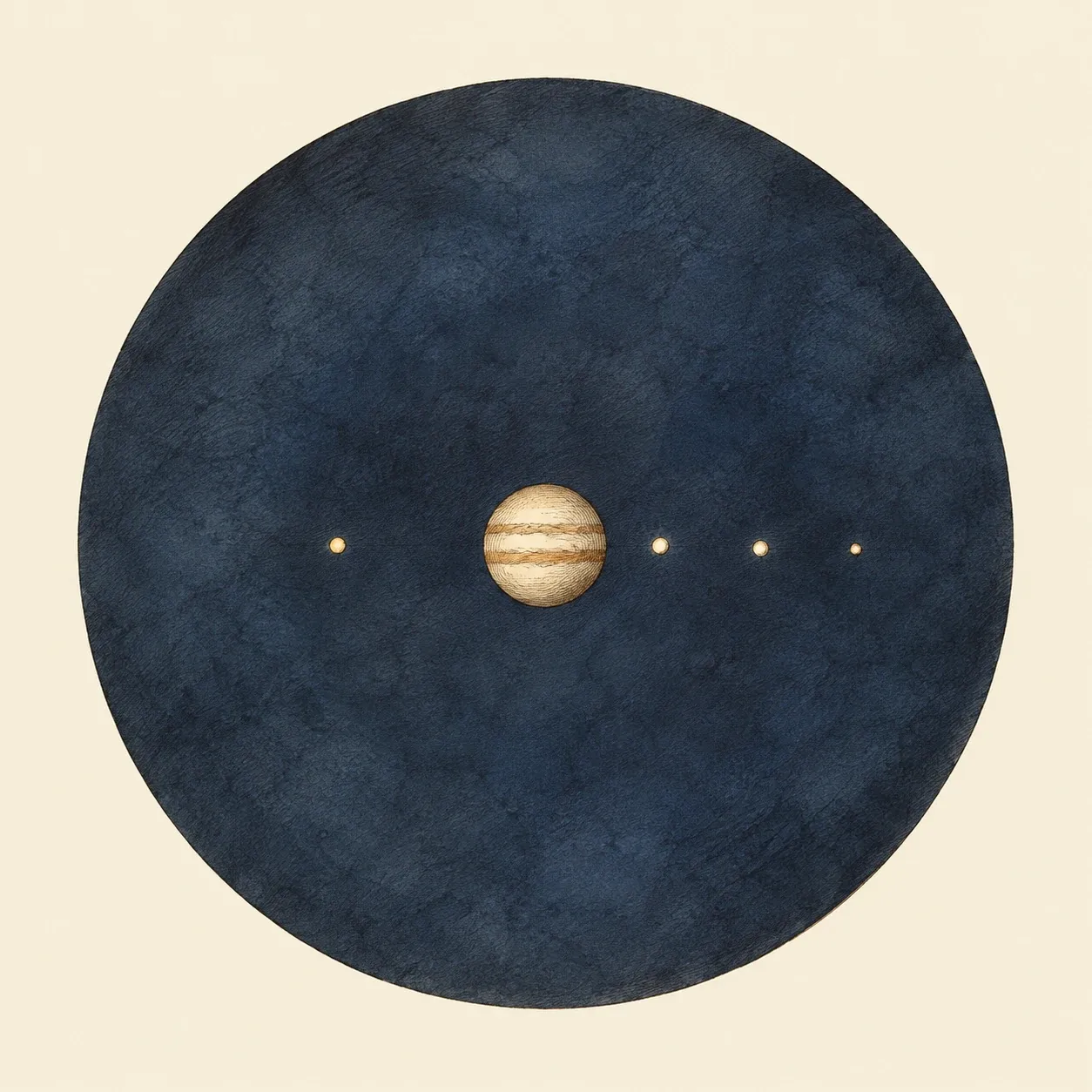 Jupiter in einem kleinen Fernrohr mit vier hellen Monden fast in einer Linie, einer links und drei rechts