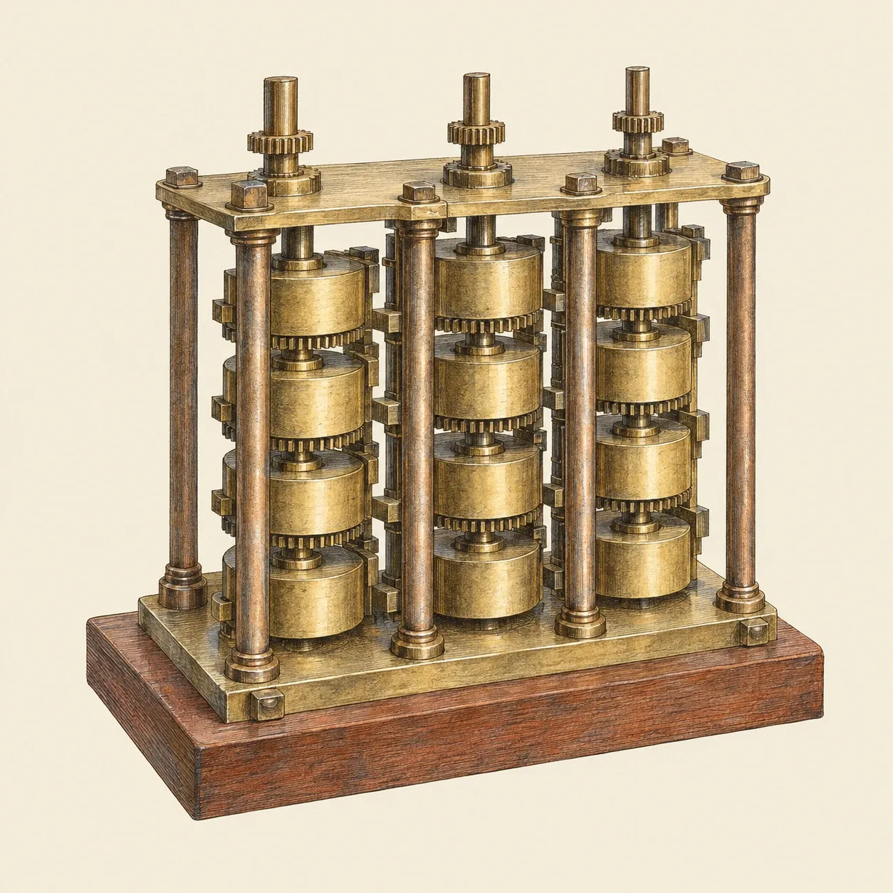Schizzo semplificato del pezzo dimostrativo in ottone della macchina differenziale di Babbage: colonne di ruote tra pilastri