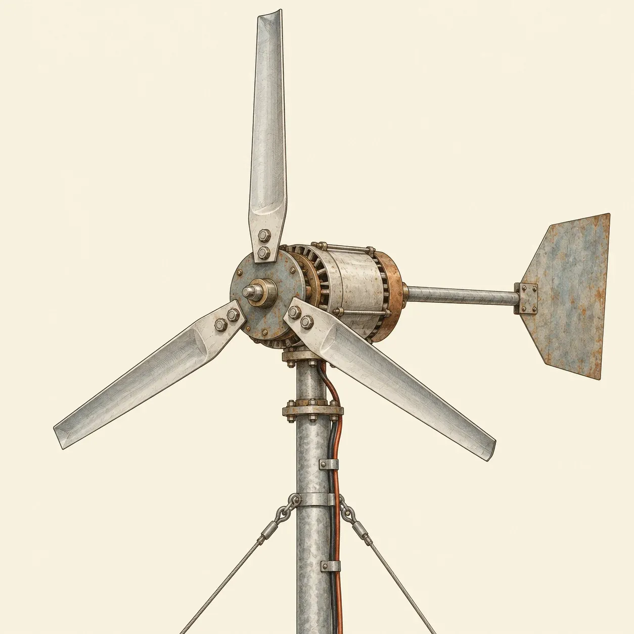 Eine kleine selbst gebaute Windkraftanlage mit drei Blättern aus grauem Kunststoffrohr, einem Motor, einer Windfahne und einem abgespannten Rohrmast