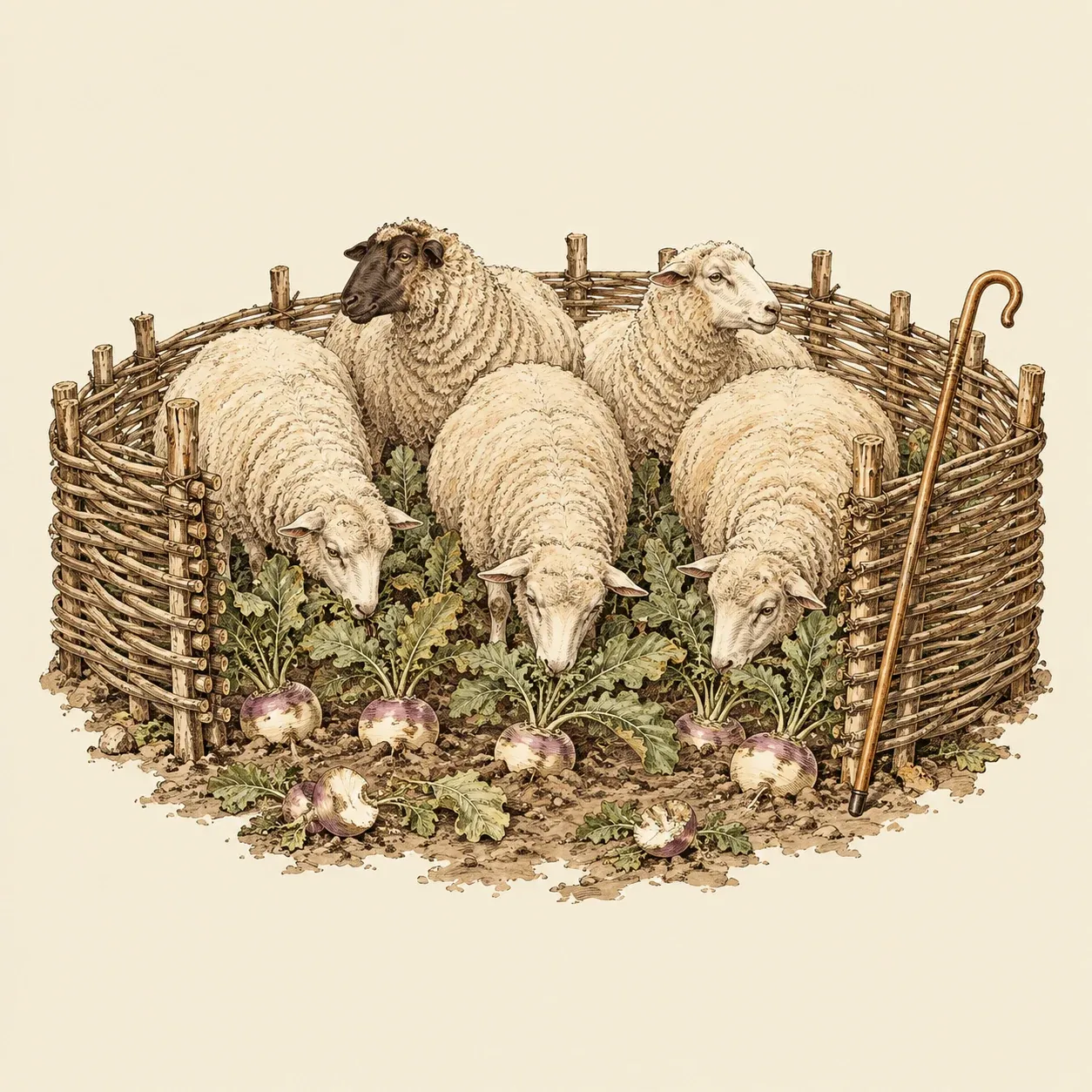 Des moutons parqués derrière des claies d’osier, mangeant des navets en plein champ
