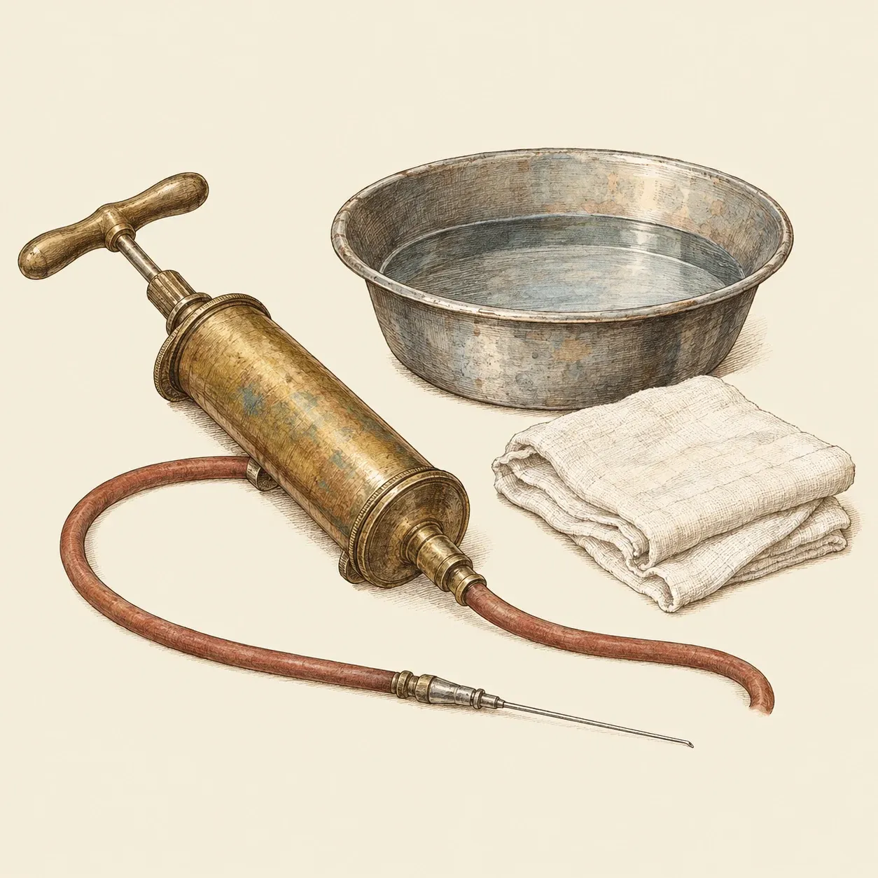 Eine Messingspritze des 19. Jahrhunderts mit einem biegsamen Schlauch, der in einer feinen Kanüle endet, eine Schale Wasser und ein gefaltetes Tuch