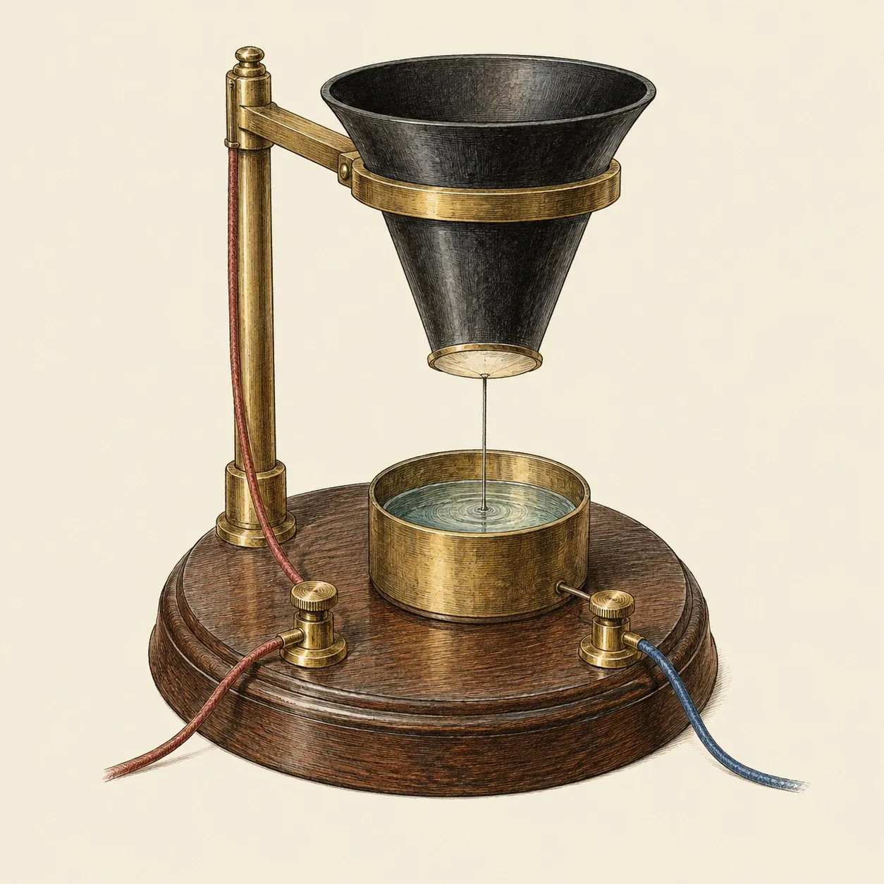 Ein schwarzer Trichter, Öffnung nach oben, über einem Messingbecher mit Wasser auf einem runden Holzsockel; von der Membran an seinem schmalen Ende hängt ein feiner Draht ins Wasser; zwei Klemmen