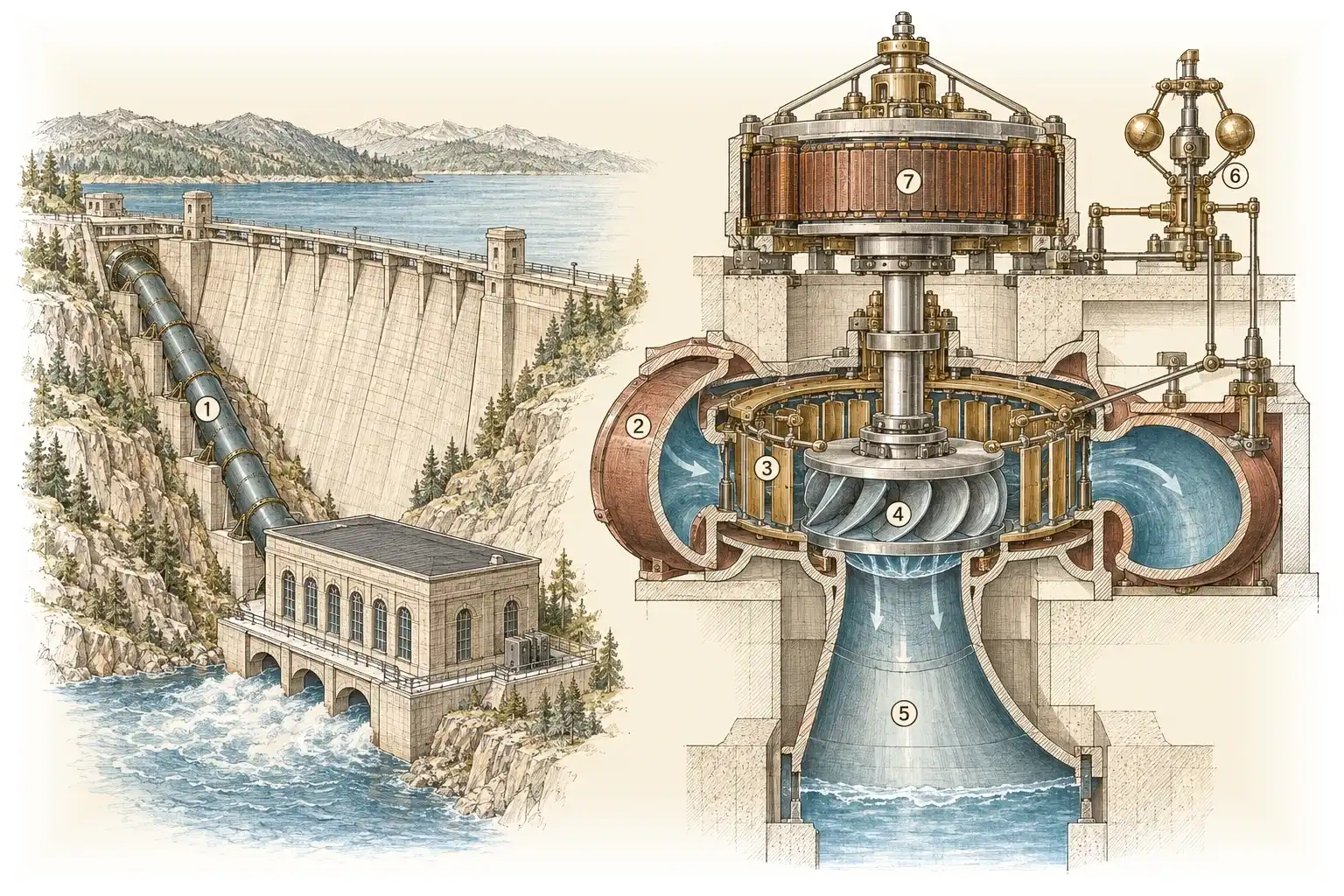 Wasserturbine · Fallendes Wasser wird zu Strom